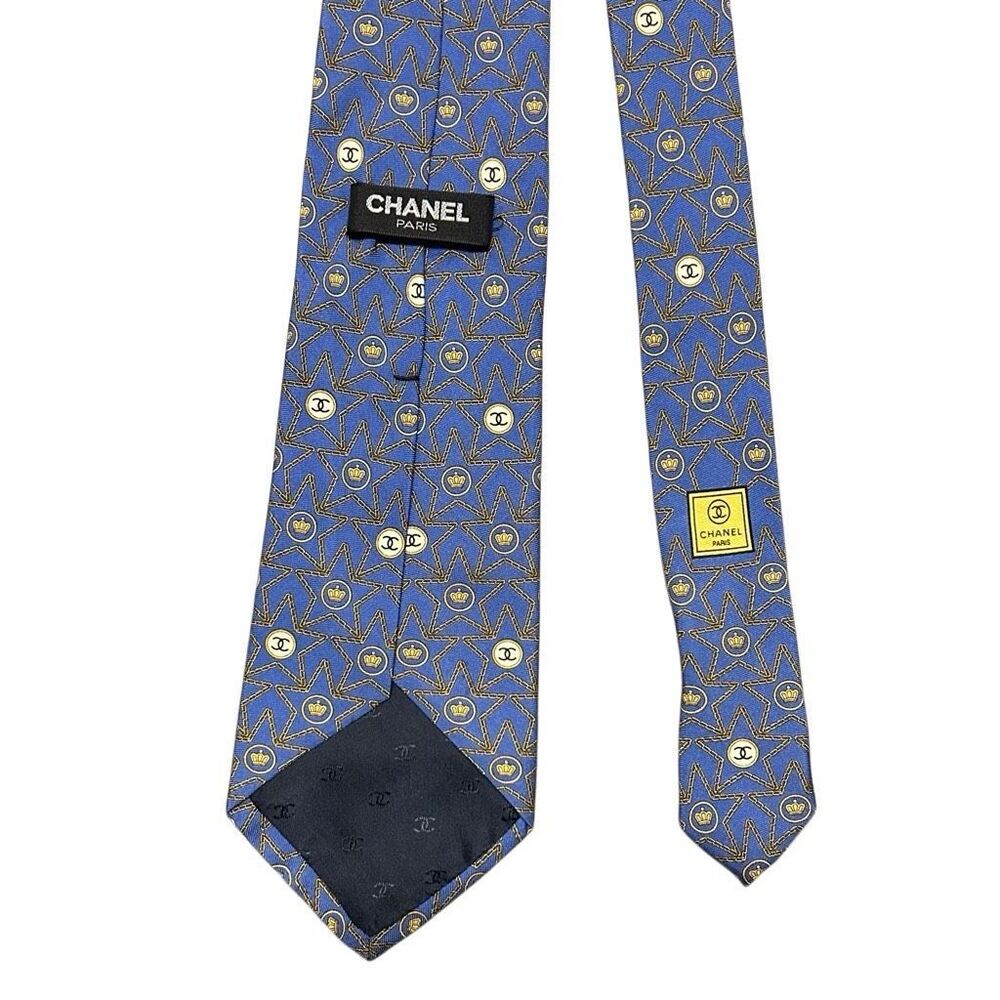 CHANEL Mens Navy Blue Silk Designer Neck Tie Adjustable Star Pattern Logo - Picture 8 of 13